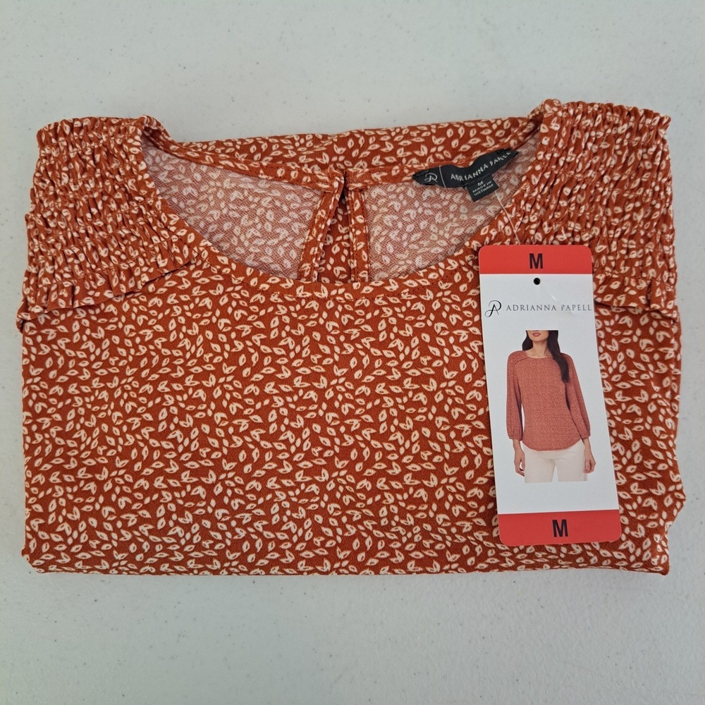 Adrianna‎ Papell Blouse Womens M Orange NWT Smocked Leaf Print 906-191-B11